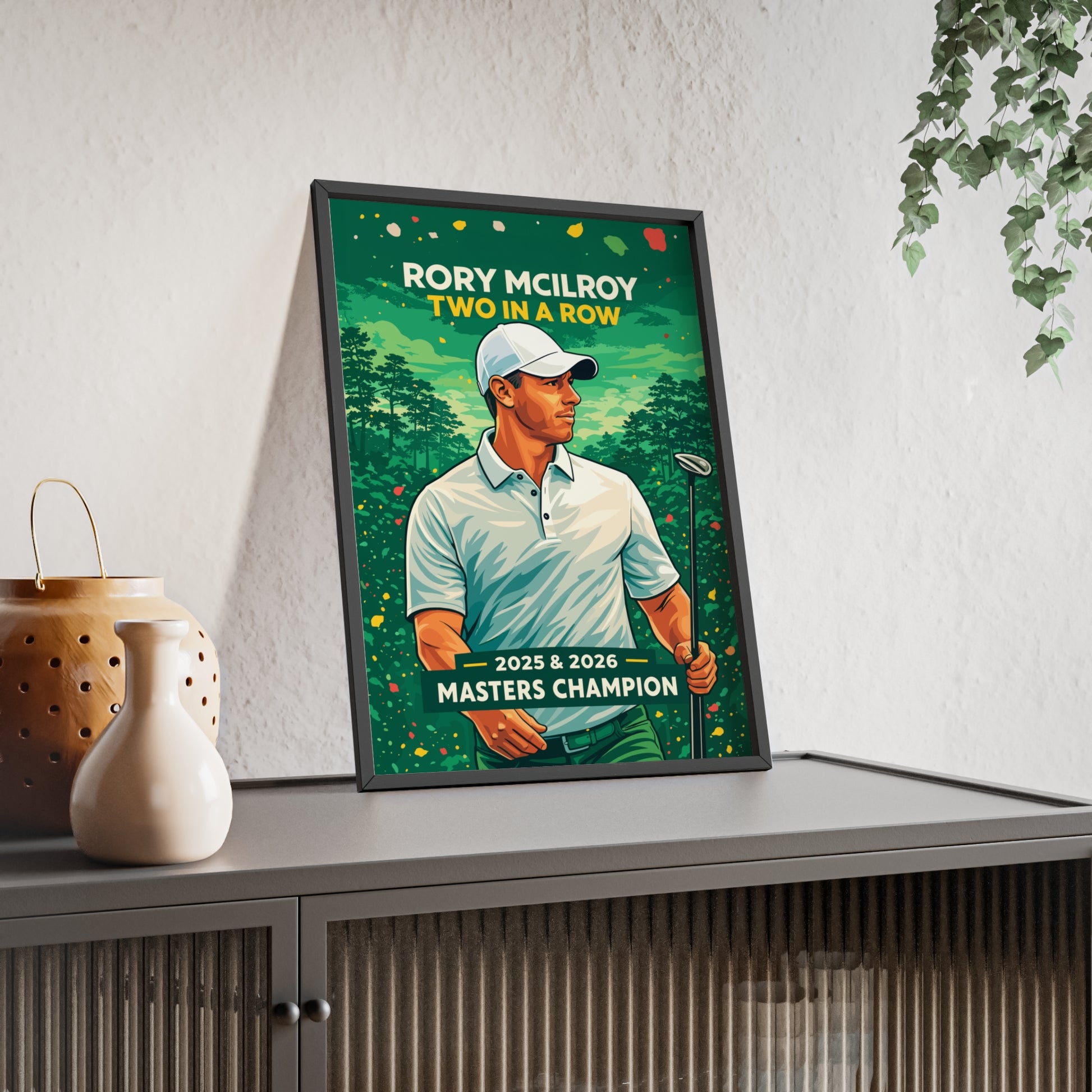Angled Rory McIlroy Masters Champion golf poster on framed sideboard display