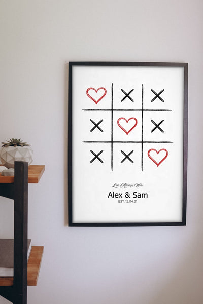 Lifestyle - Personalised Couple Tic Tac Toe Print hanging on a living room wall