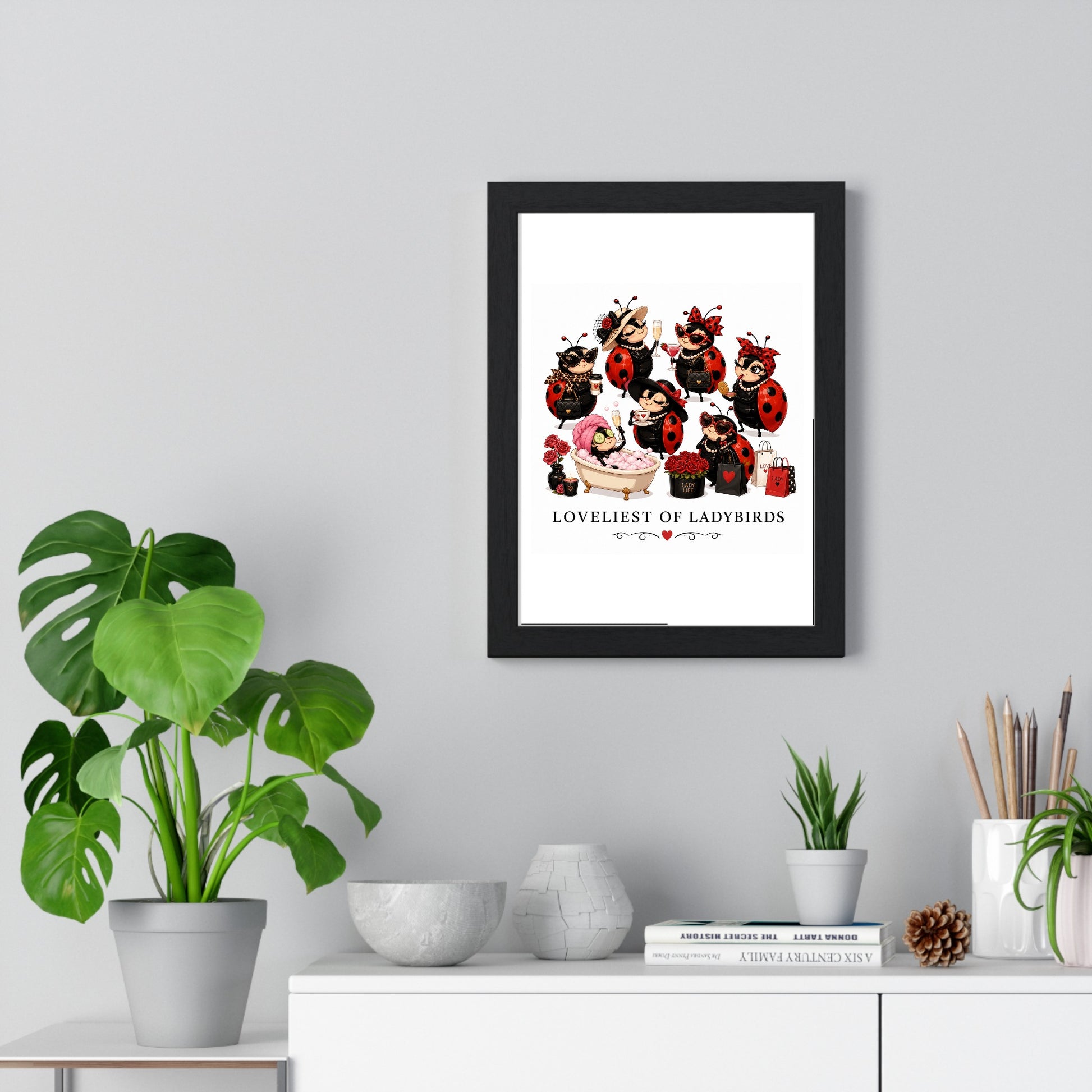 Ladybird poster framed and displayed on living room wall above furniture