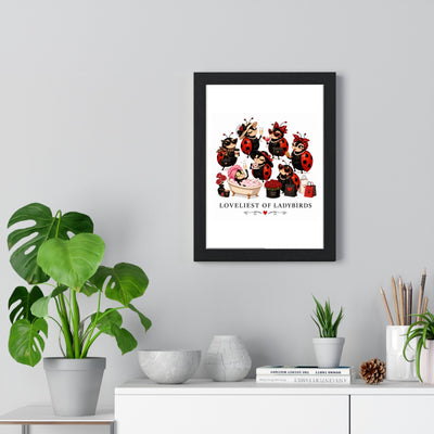 Ladybird poster framed and displayed on living room wall above furniture