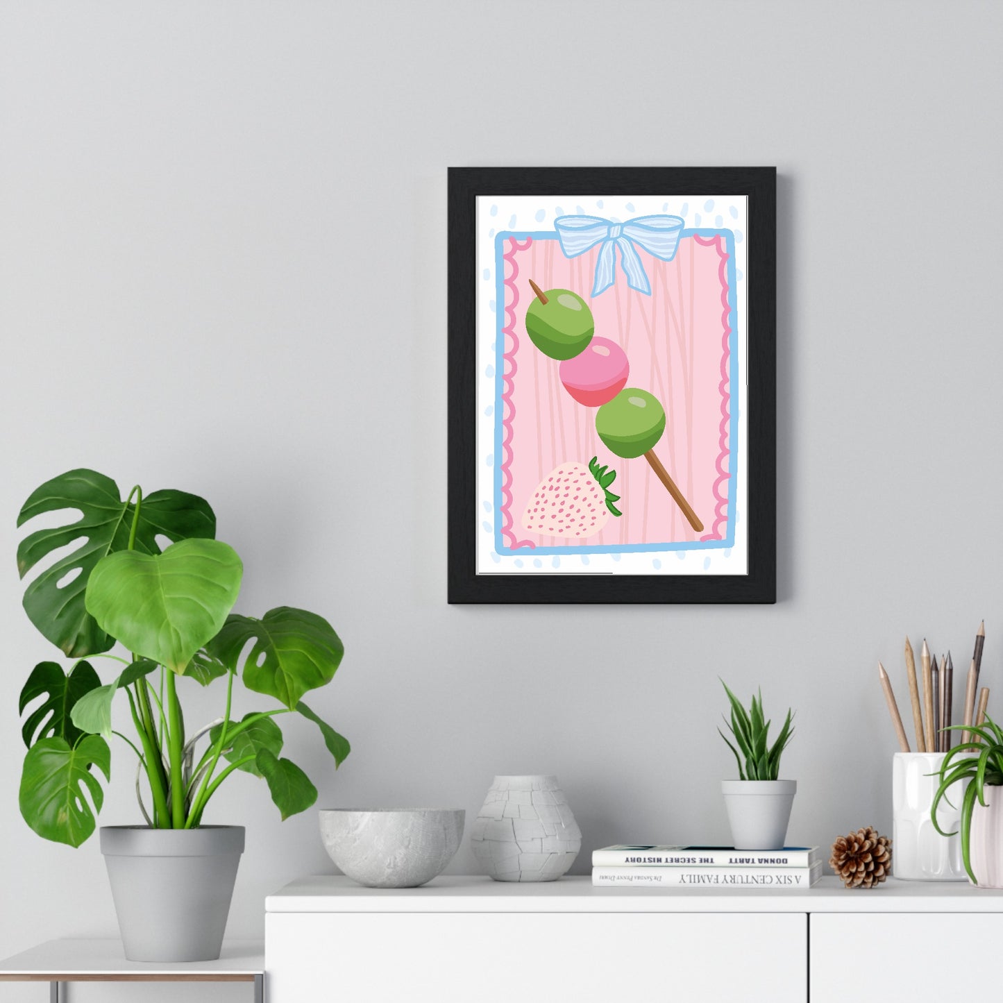 Matcha Hanami Dango framed poster displayed on living room wall above furniture