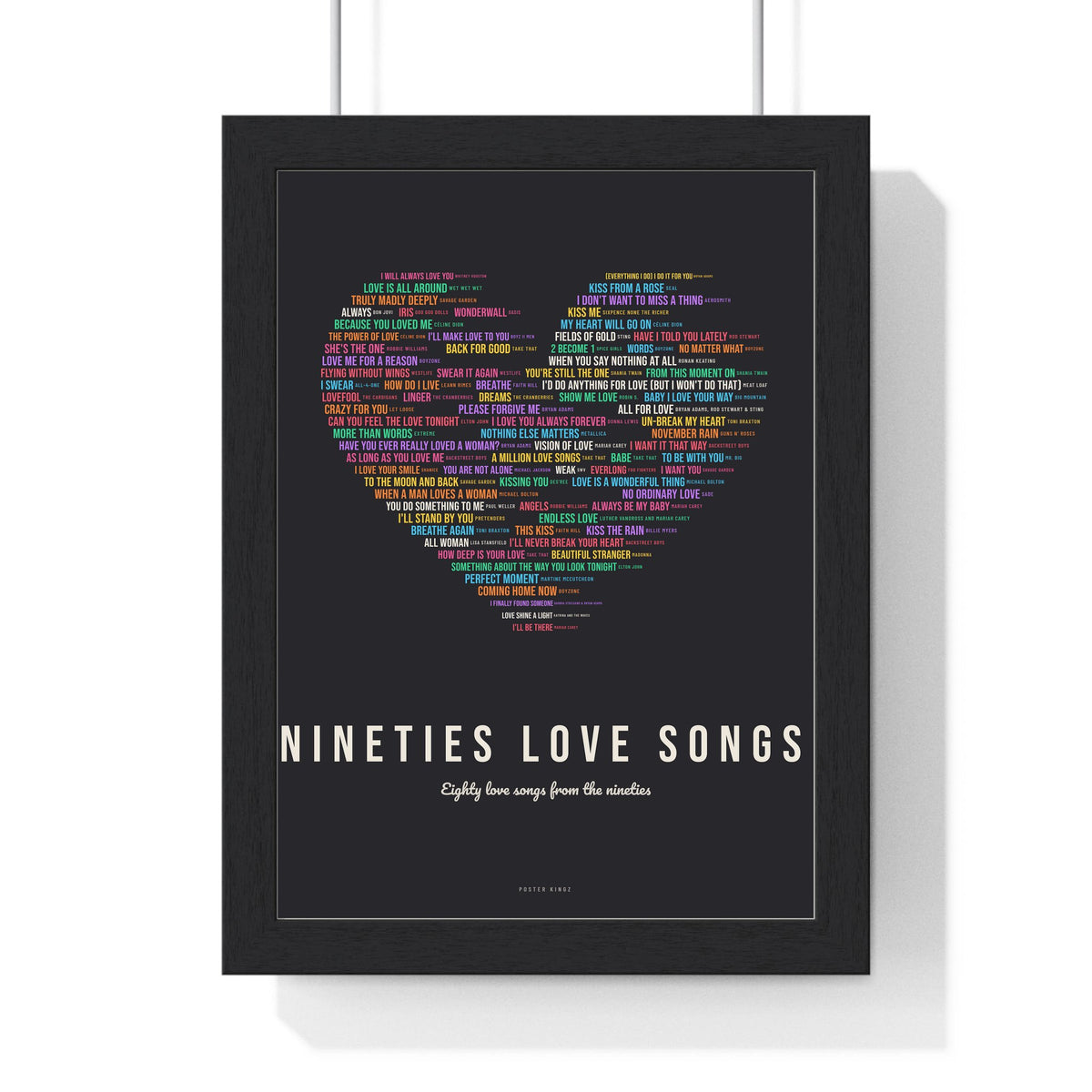 90s Love Songs Poster framed in a black frame, ready to hang