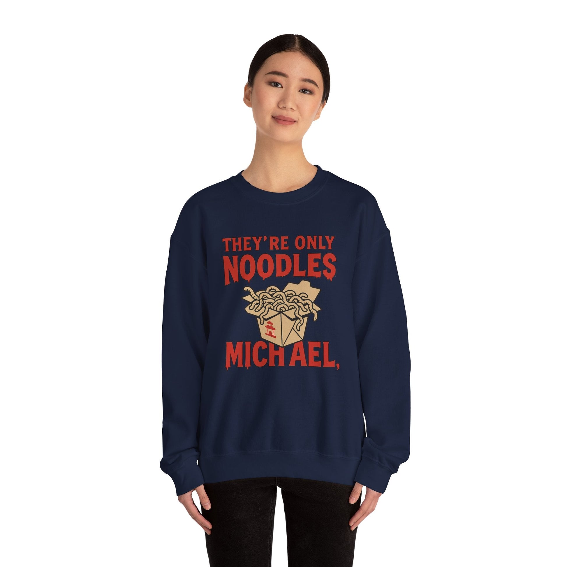 Black t-shirt with They're Only Noodles Michael Sweatshirt Horror Movie Parody