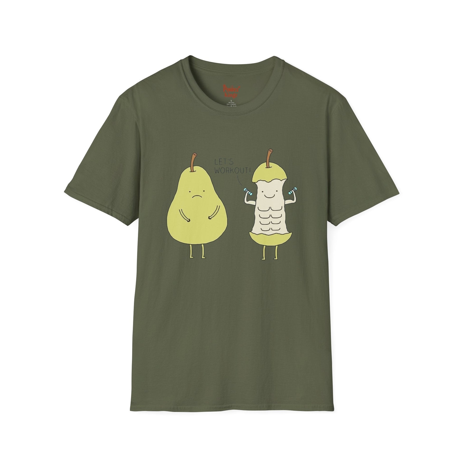 Green t-shirt with Let's Workout Pear Gym Fruit Pun
