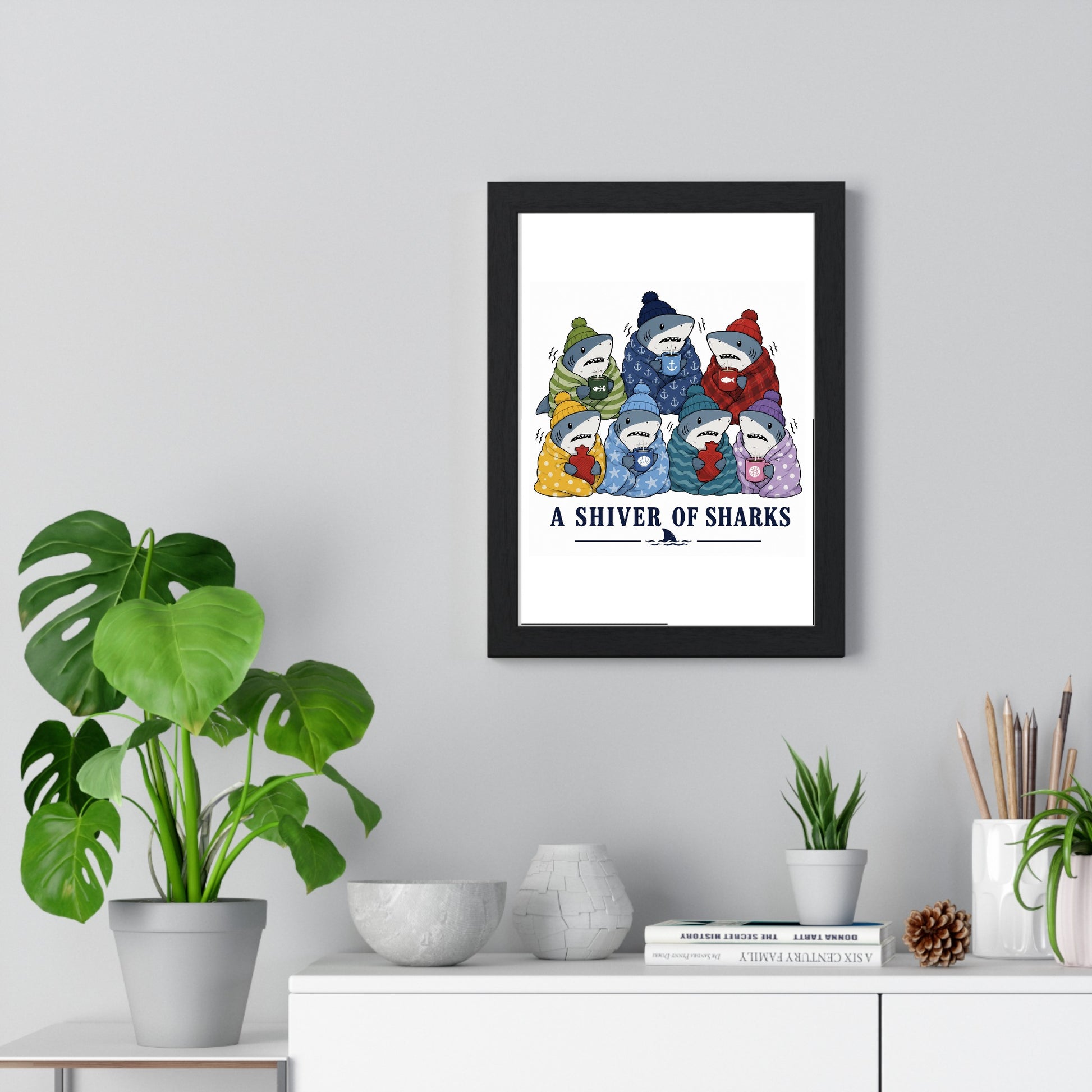 A Shiver of Sharks wildlife poster framed on living room wall