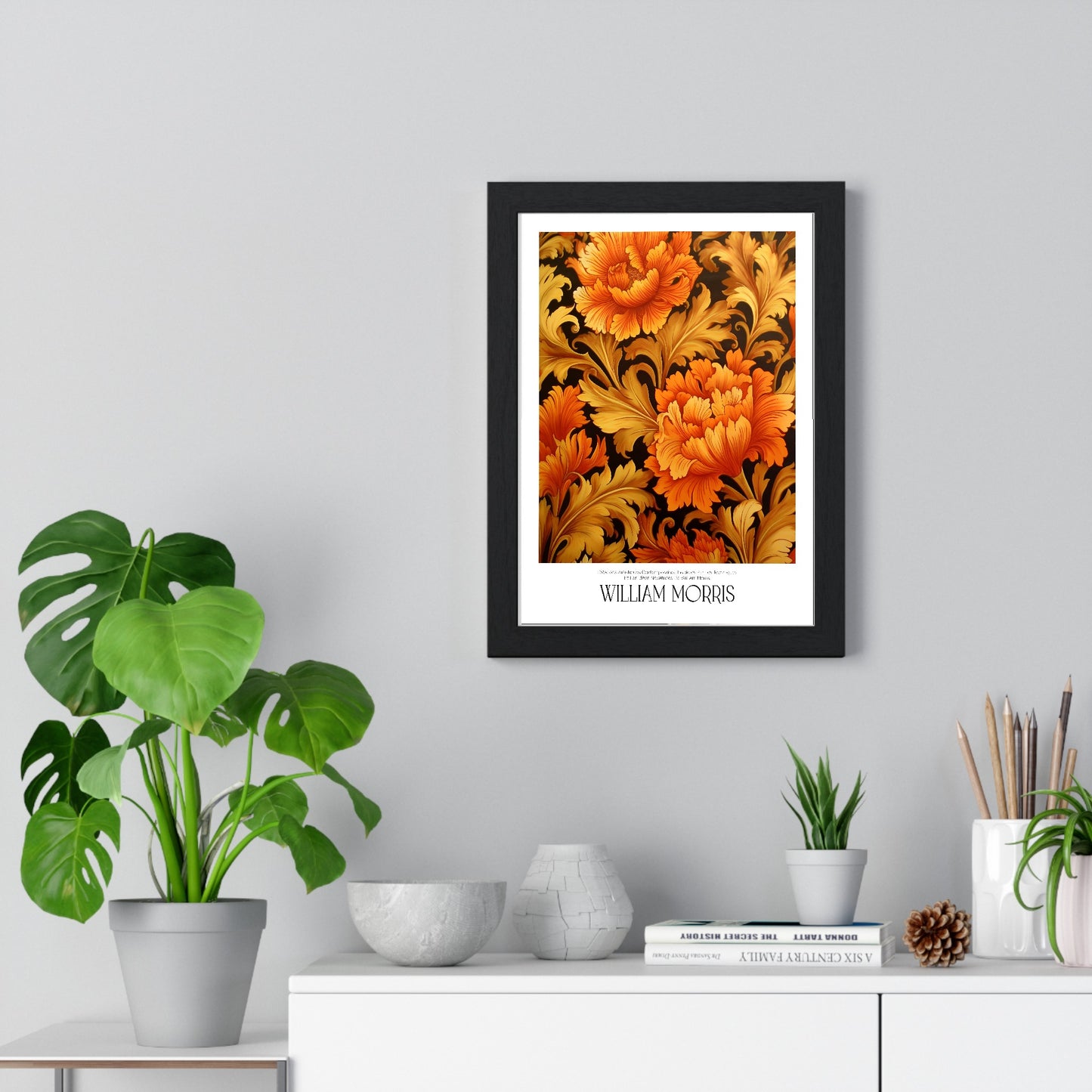 11x14-13 poster framed and displayed on a living room wall above furniture