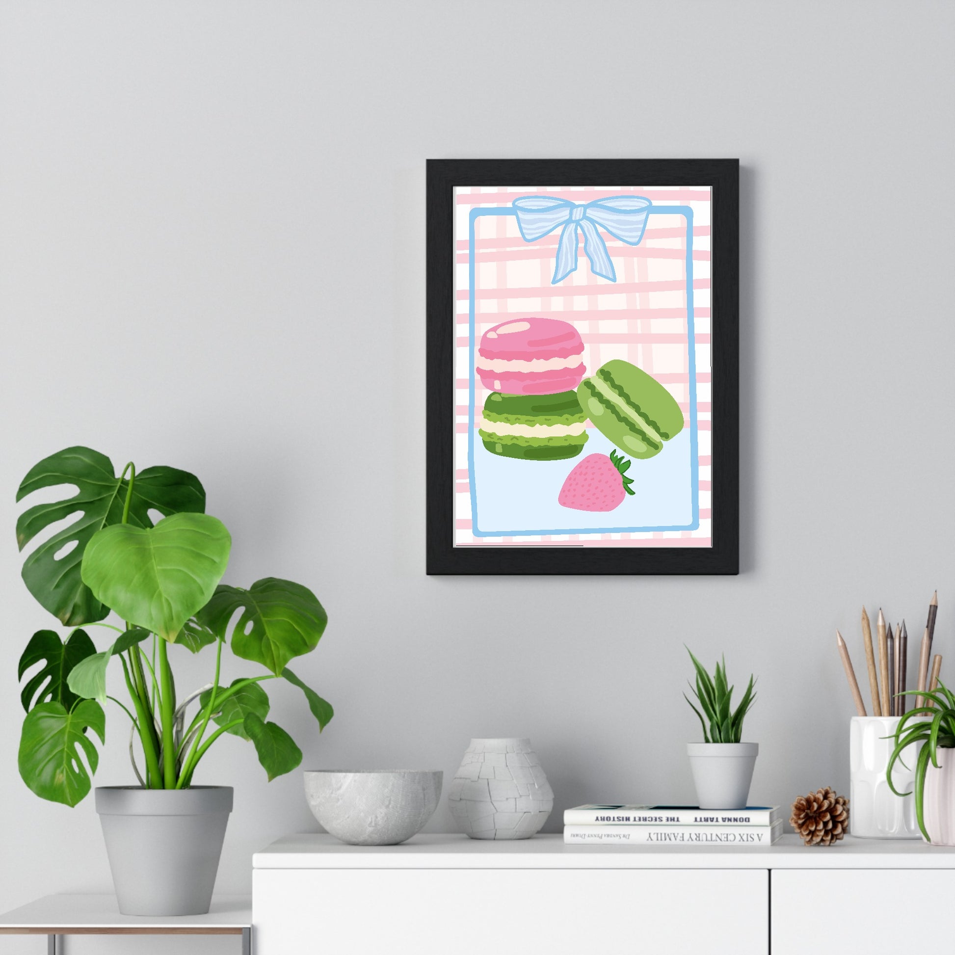 Matcha macaroons kitchen poster framed on living room wall