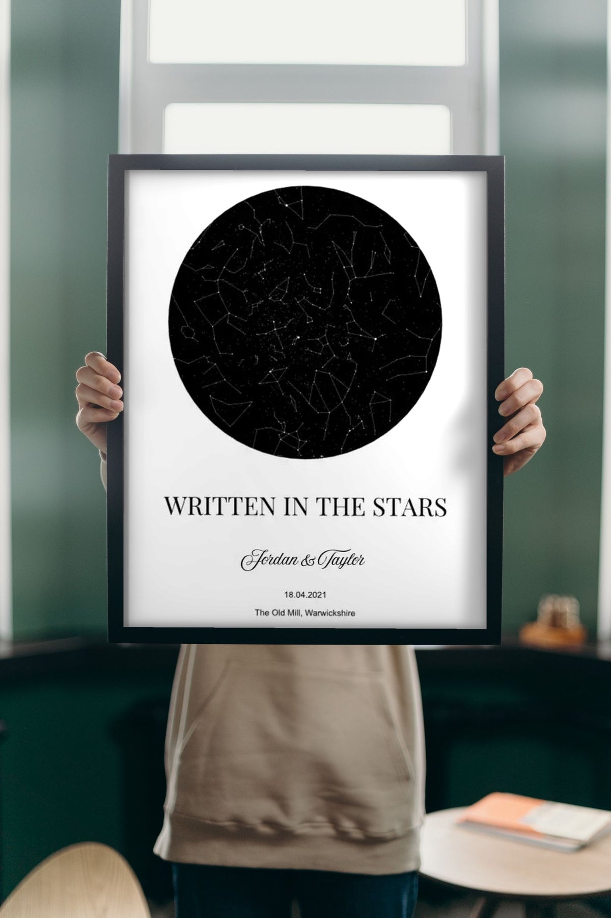 Lifestyle - Personalised Couple Star Map Print held up in a bright room
