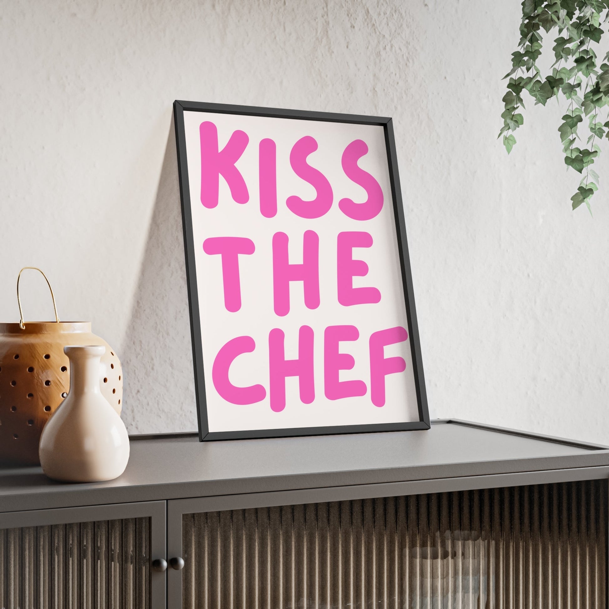 Framed Kiss The Chef Kitchen Print Pink Typography print