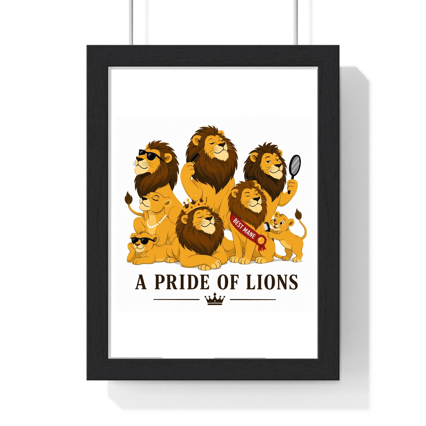 A Pride of Lions poster framed in black wood frame with perspex front