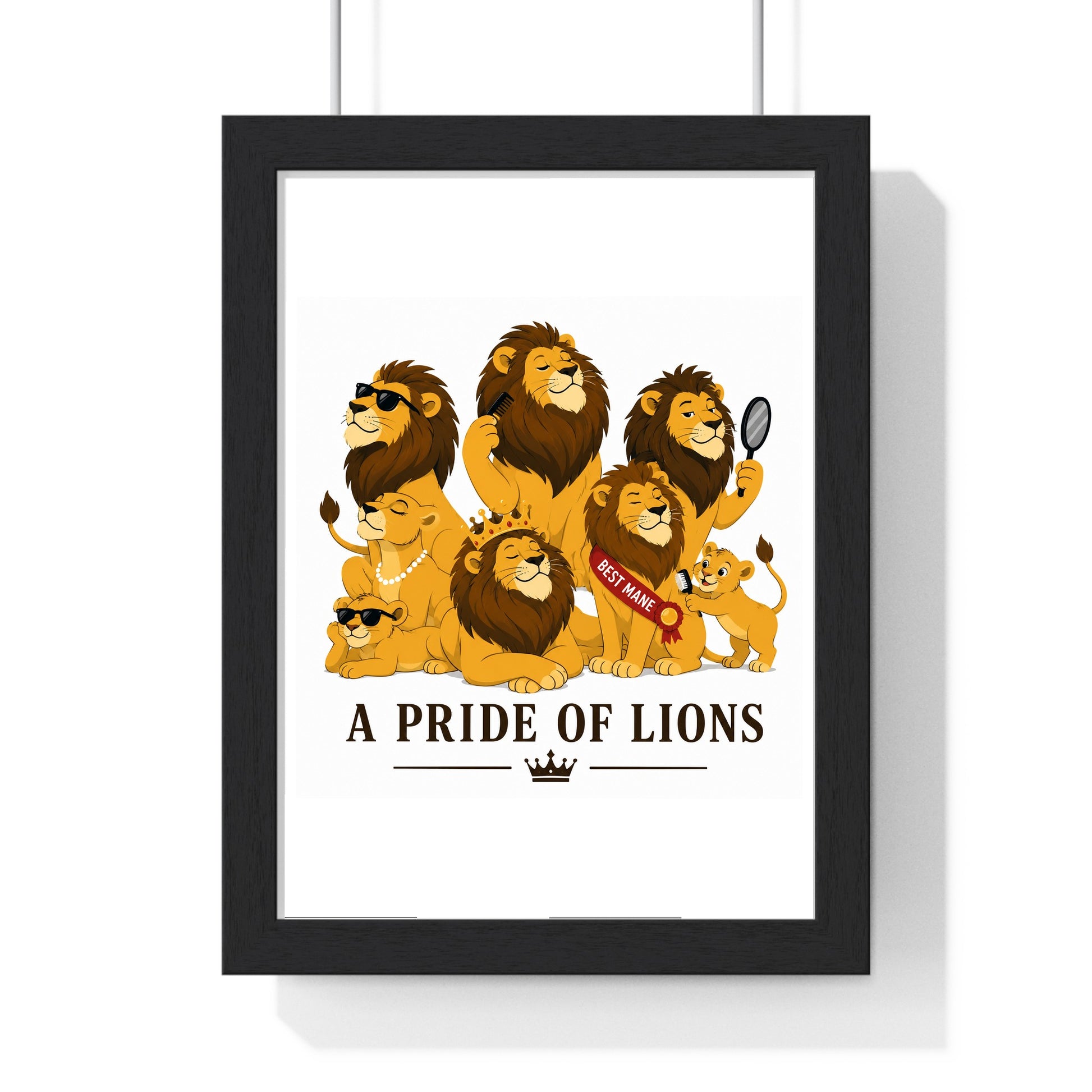 A Pride of Lions poster framed in black wood frame with perspex front