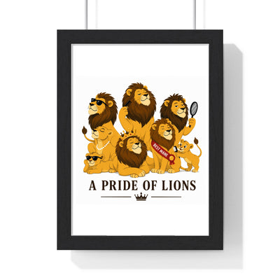 A Pride of Lions poster framed in black wood frame with perspex front
