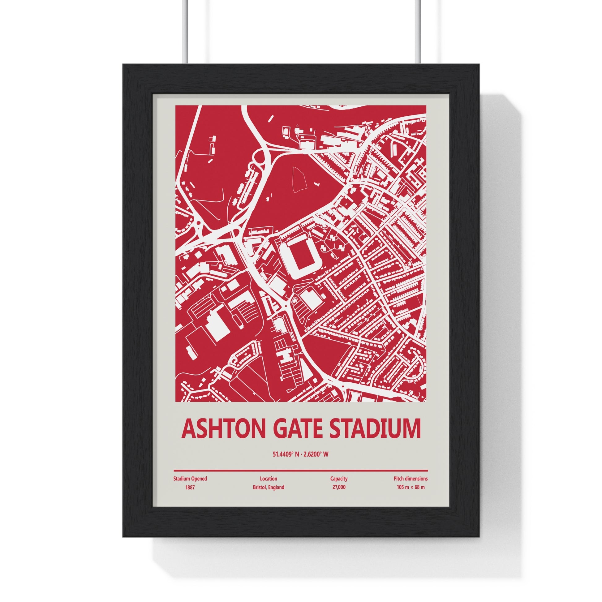 Ashton Gate Stadium map print in red wall art design