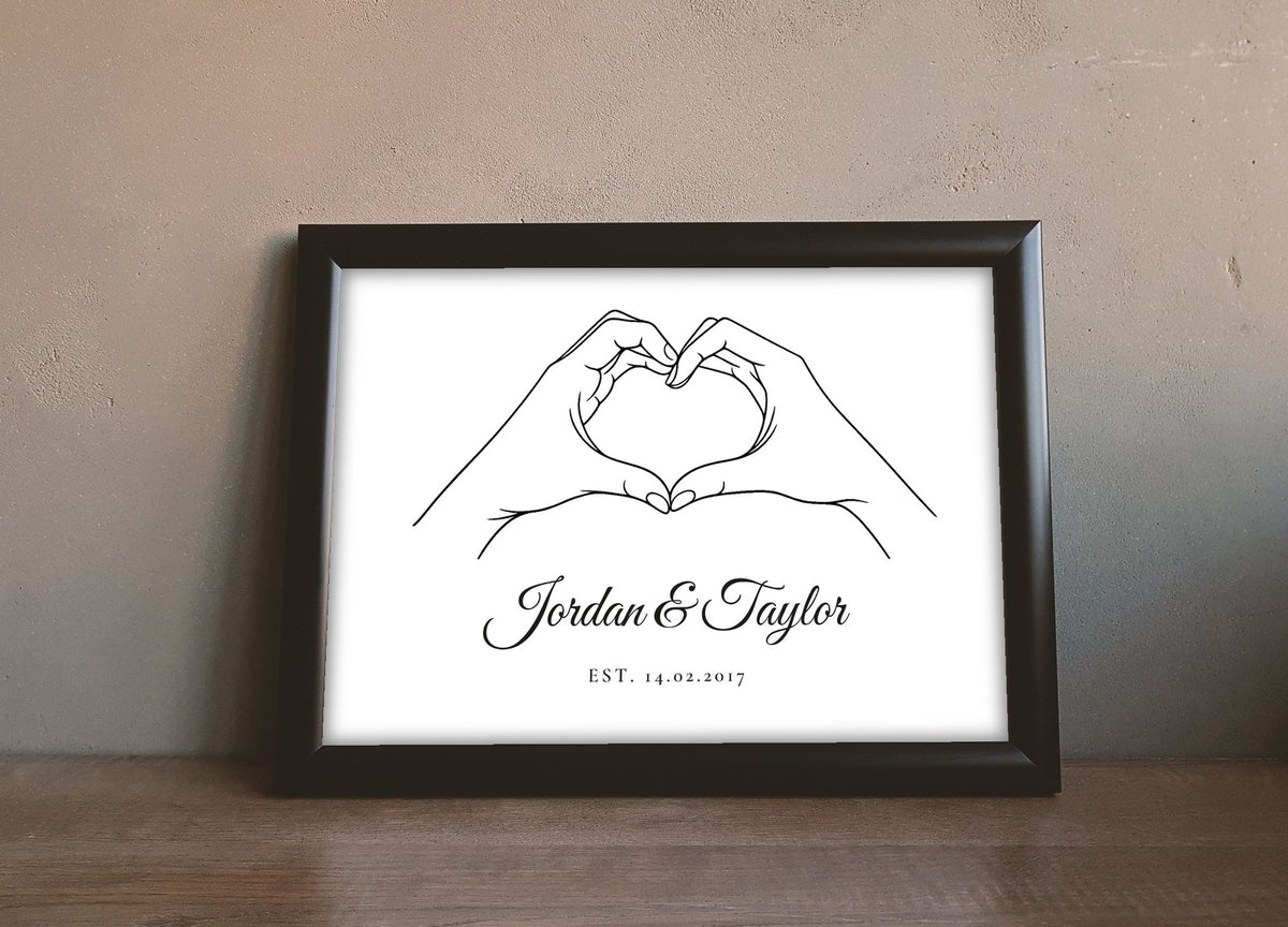 Lifestyle - Personalised Hands Heart Print leaning on a wooden sideboard