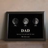 Lifestyle - Personalised Dad Moon Phase Print leaning on a wooden sideboard