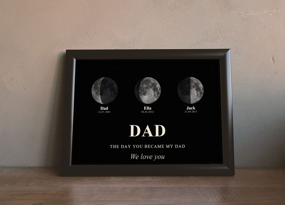 Lifestyle - Personalised Dad Moon Phase Print leaning on a wooden sideboard