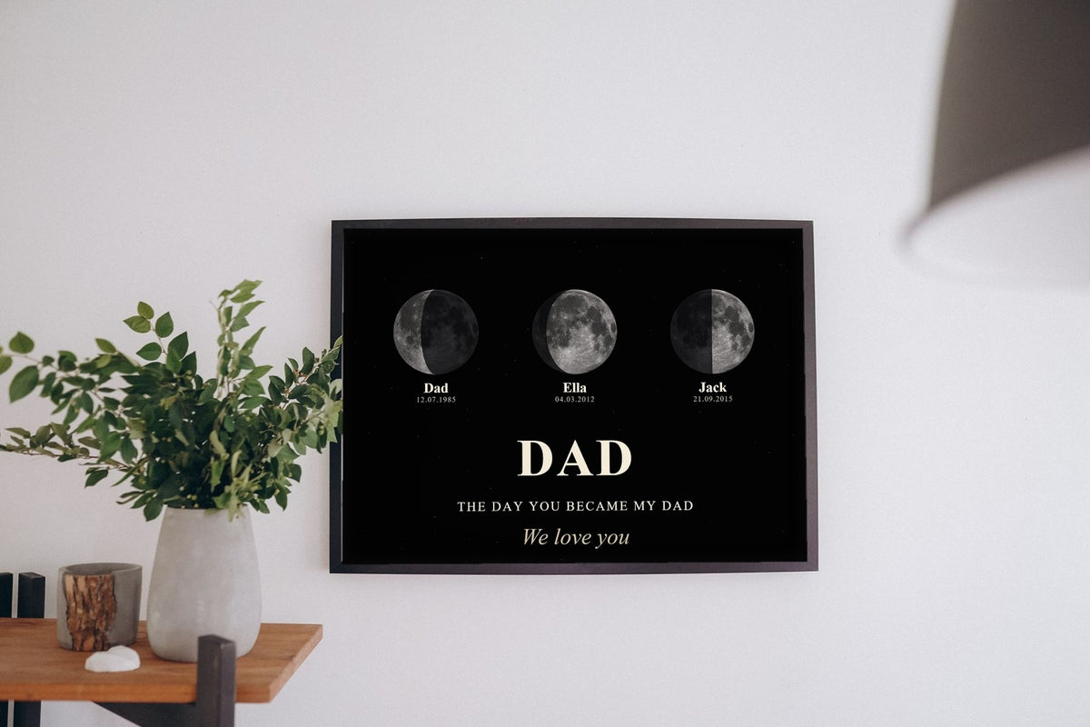 Lifestyle - Personalised Dad Moon Phase Print hanging on a living room wall