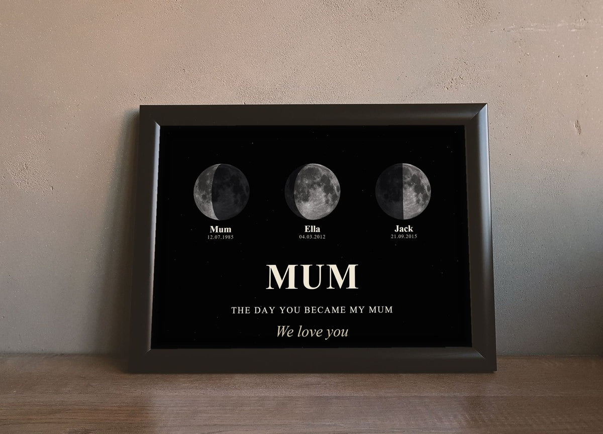 Lifestyle - Personalised Mum Moon Phase Print leaning on a wooden sideboard
