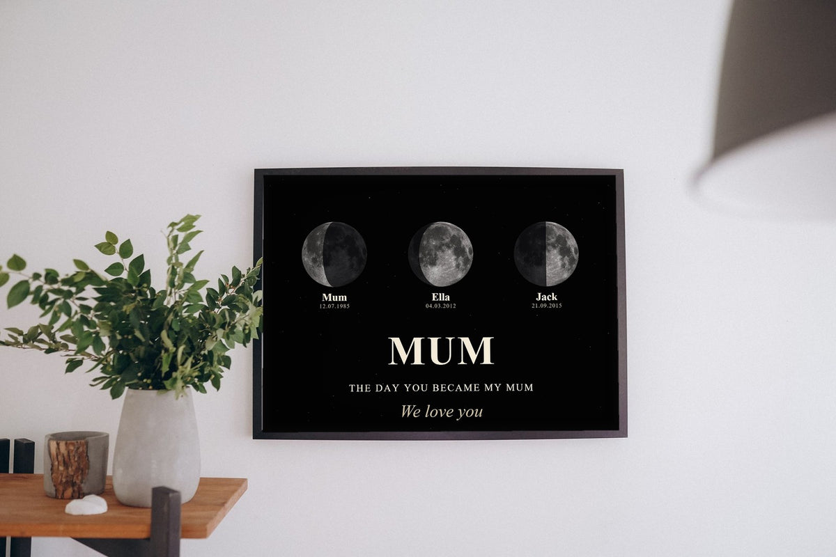 Lifestyle - Personalised Mum Moon Phase Print hanging on a living room wall
