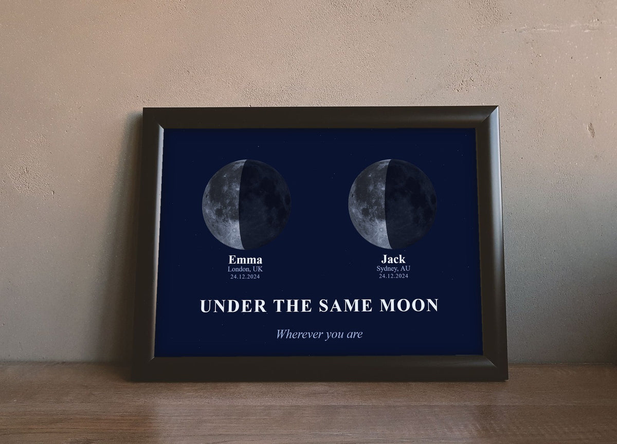 Lifestyle - Personalised Under the Same Moon Print leaning on a wooden sideboard