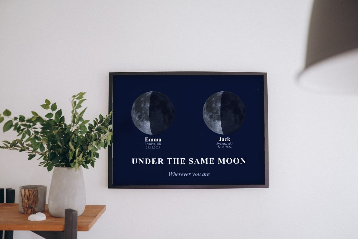 Lifestyle - Personalised Under the Same Moon Print hanging on a living room wall