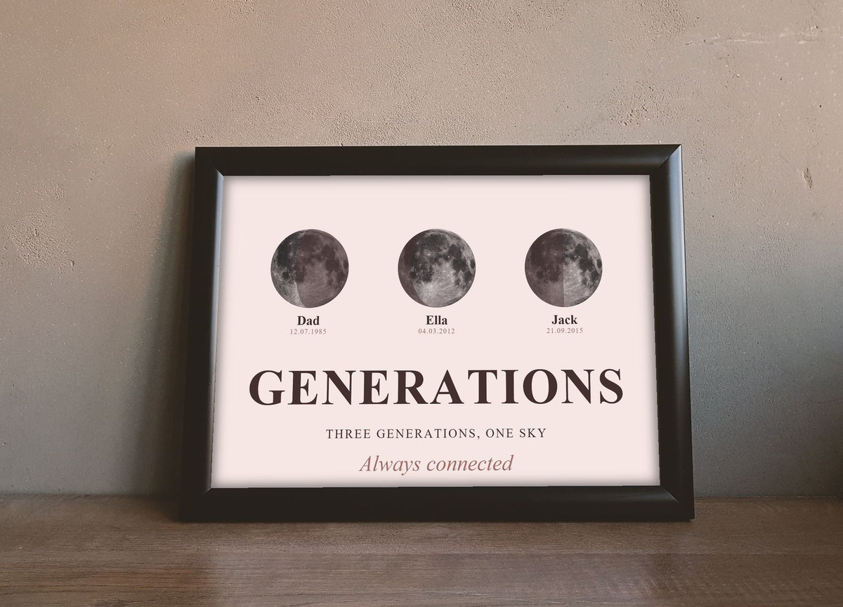 Lifestyle - Personalised Three Generations Moon Phase Print leaning on a wooden sideboard