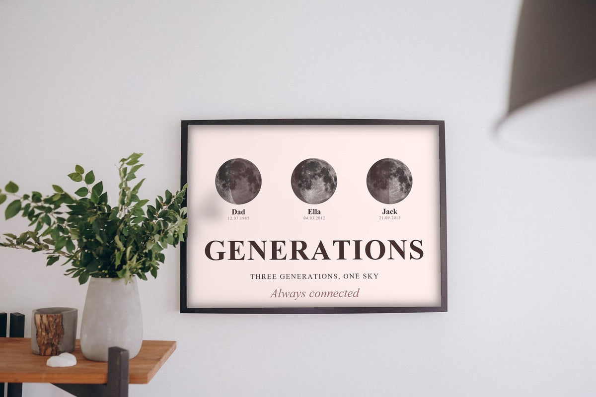 Lifestyle - Personalised Three Generations Moon Phase Print hanging on a living room wall