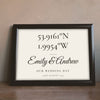 Lifestyle - Personalised Coordinates Print leaning on a wooden sideboard