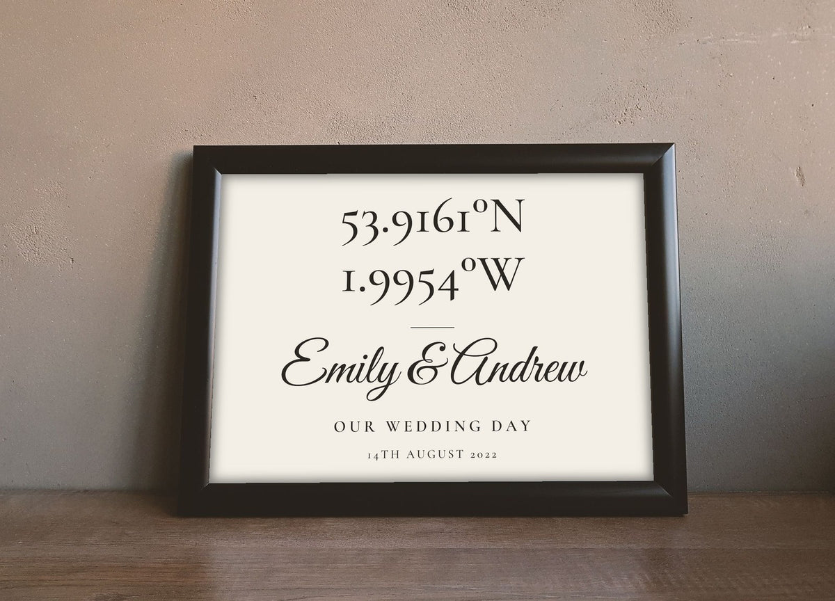 Lifestyle - Personalised Coordinates Print leaning on a wooden sideboard
