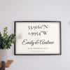 Lifestyle - Personalised Coordinates Print hanging on a living room wall