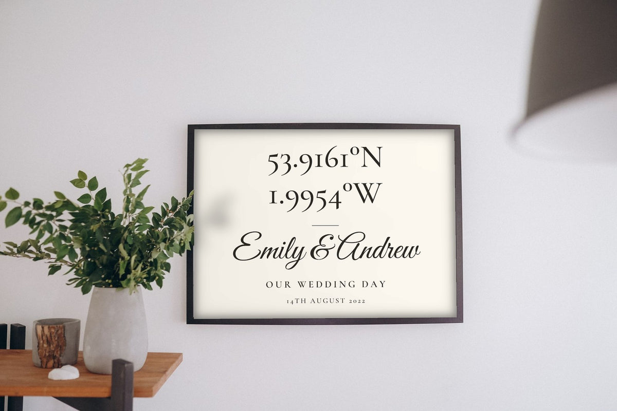 Lifestyle - Personalised Coordinates Print hanging on a living room wall