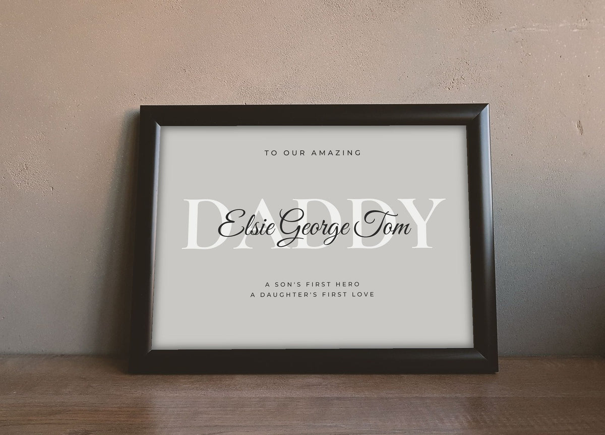 Lifestyle - Personalised Daddy Print leaning on a wooden sideboard