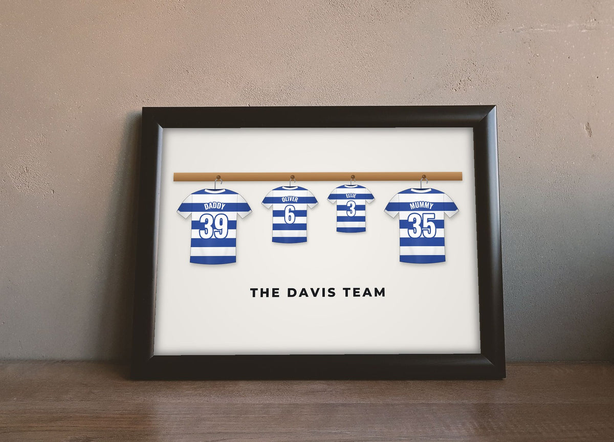 Lifestyle - Personalised Family Football Shirt Print leaning on a wooden sideboard