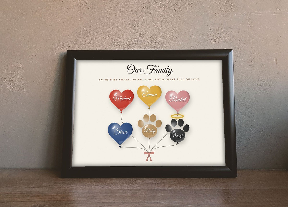 Lifestyle - Personalised Family Balloon Print leaning on a wooden sideboard