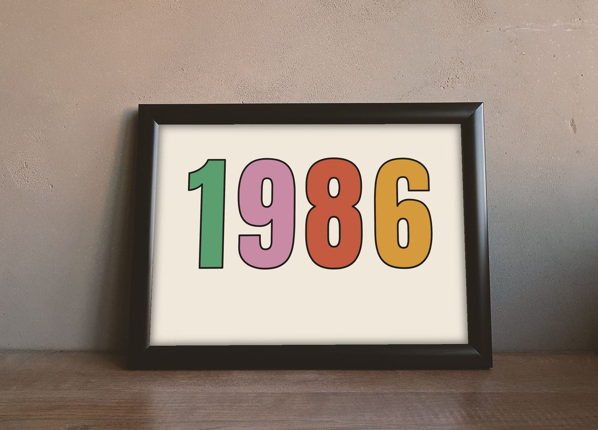 Lifestyle - The Year You Were Born Retro Print leaning on a wooden sideboard