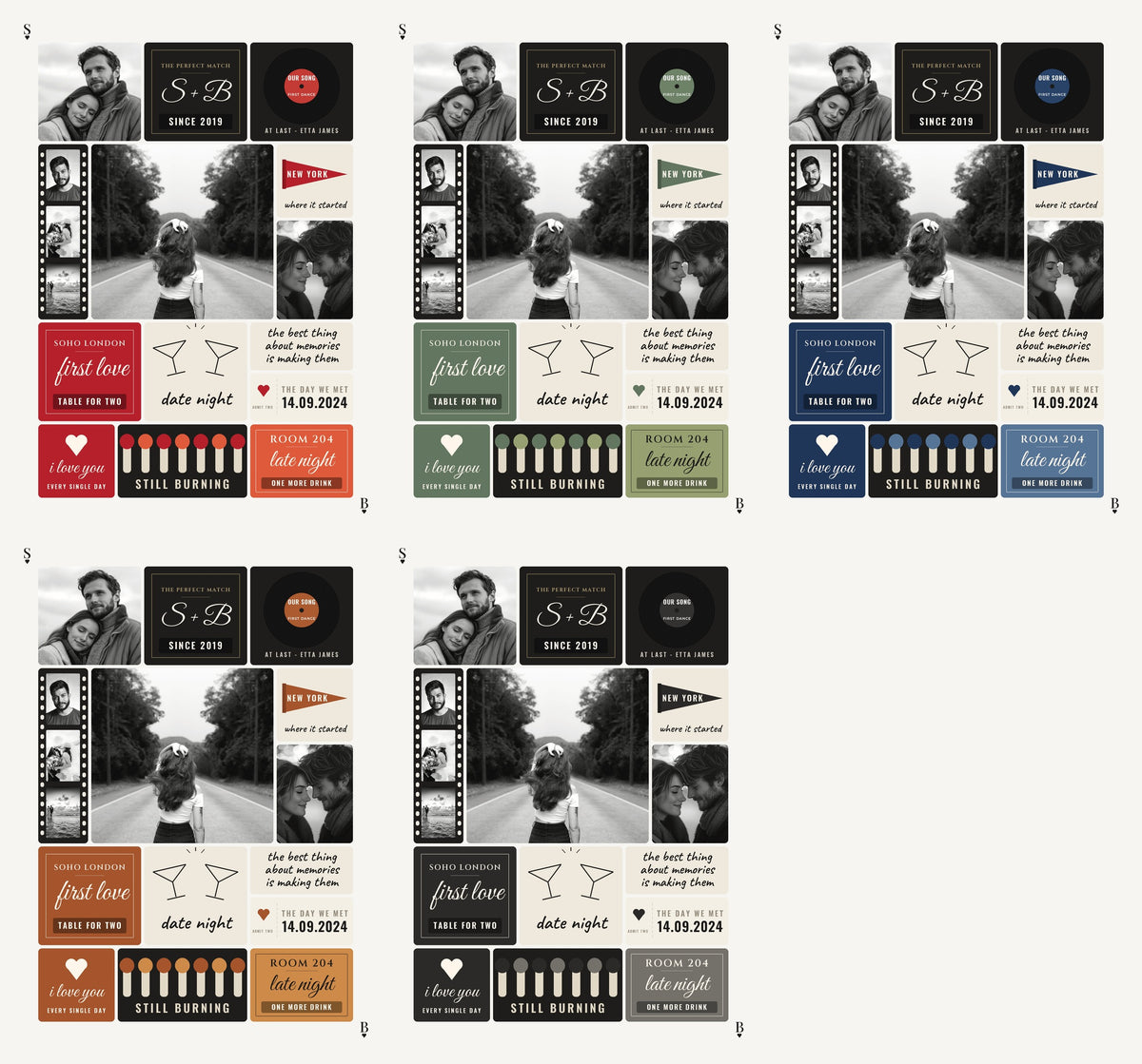Five colourways - red, sage green, navy, burnt rust, ink and cream