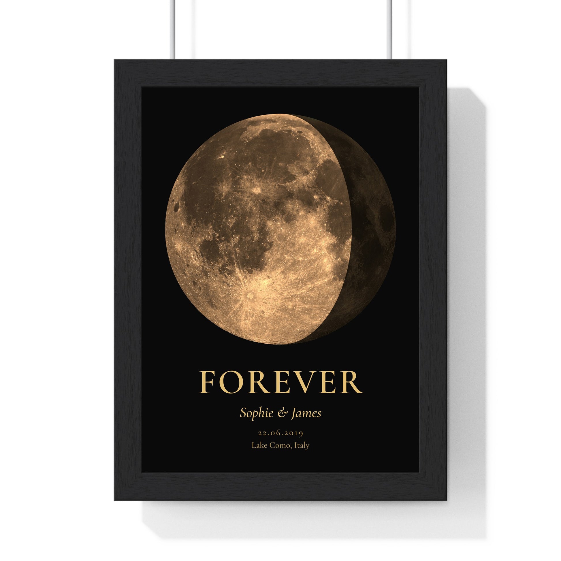 Personalised gold anniversary moon phase print shown framed
