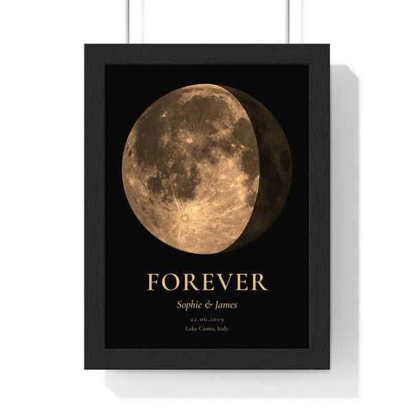 Personalised gold anniversary moon phase print shown framed