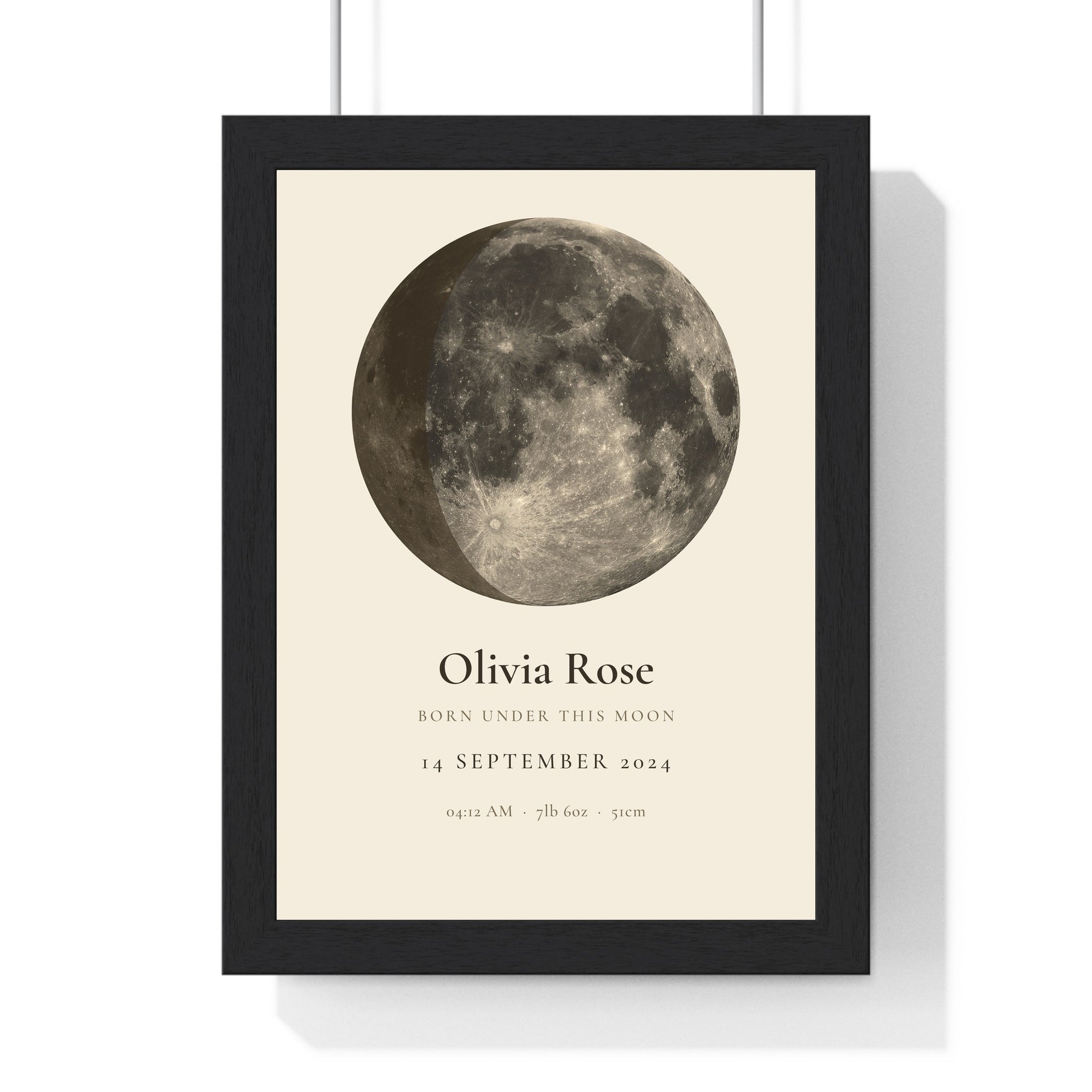 Personalised new baby moon phase print framed for a nursery
