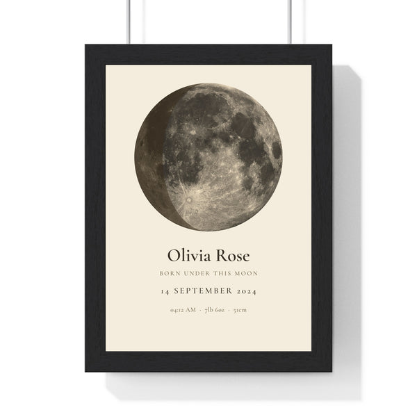 Personalised new baby moon phase print framed for a nursery