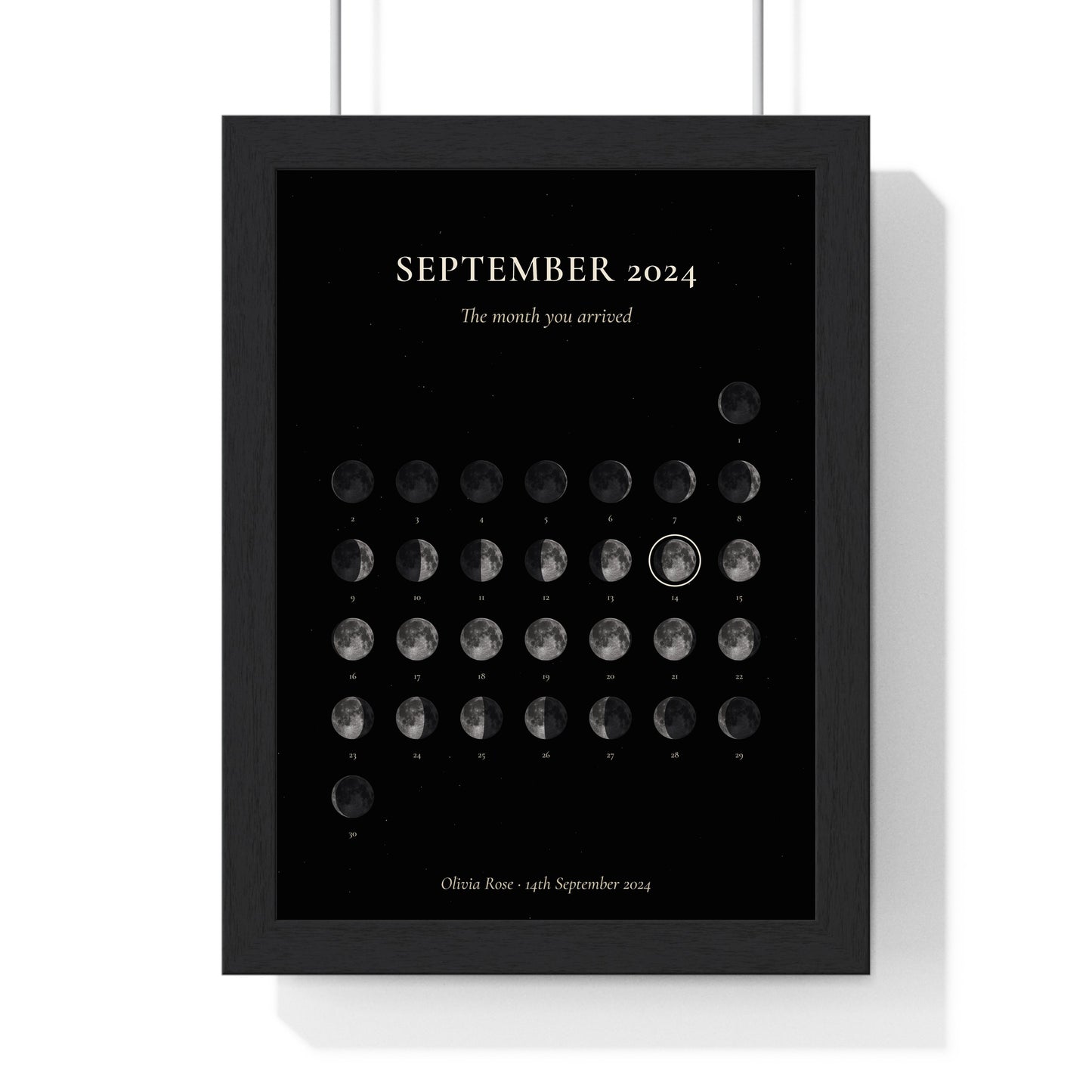 Personalised moon calendar print framed with a special date ringed