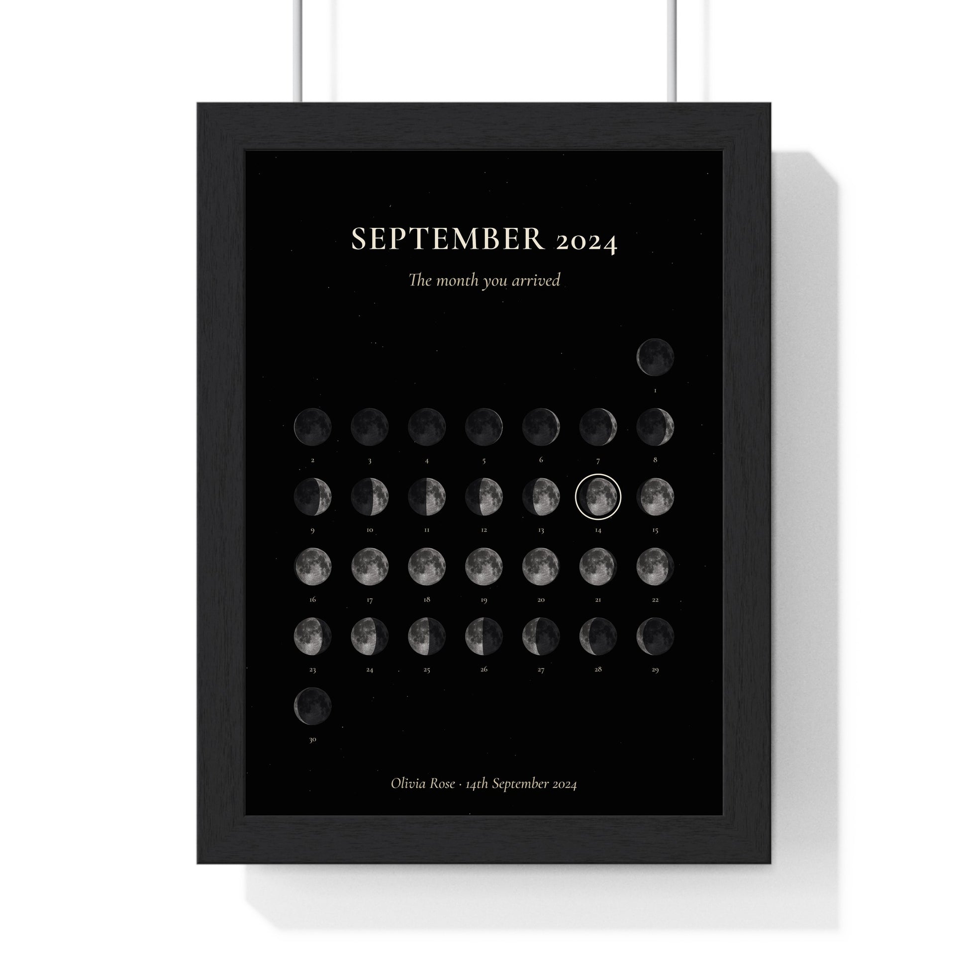 Personalised moon calendar print framed with a special date ringed