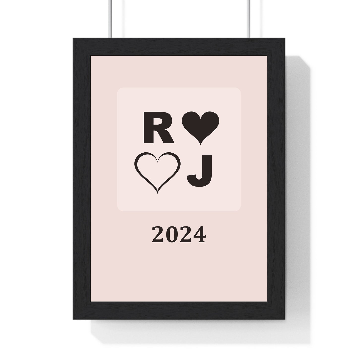 Personalised anniversary initials print framed in blush and black