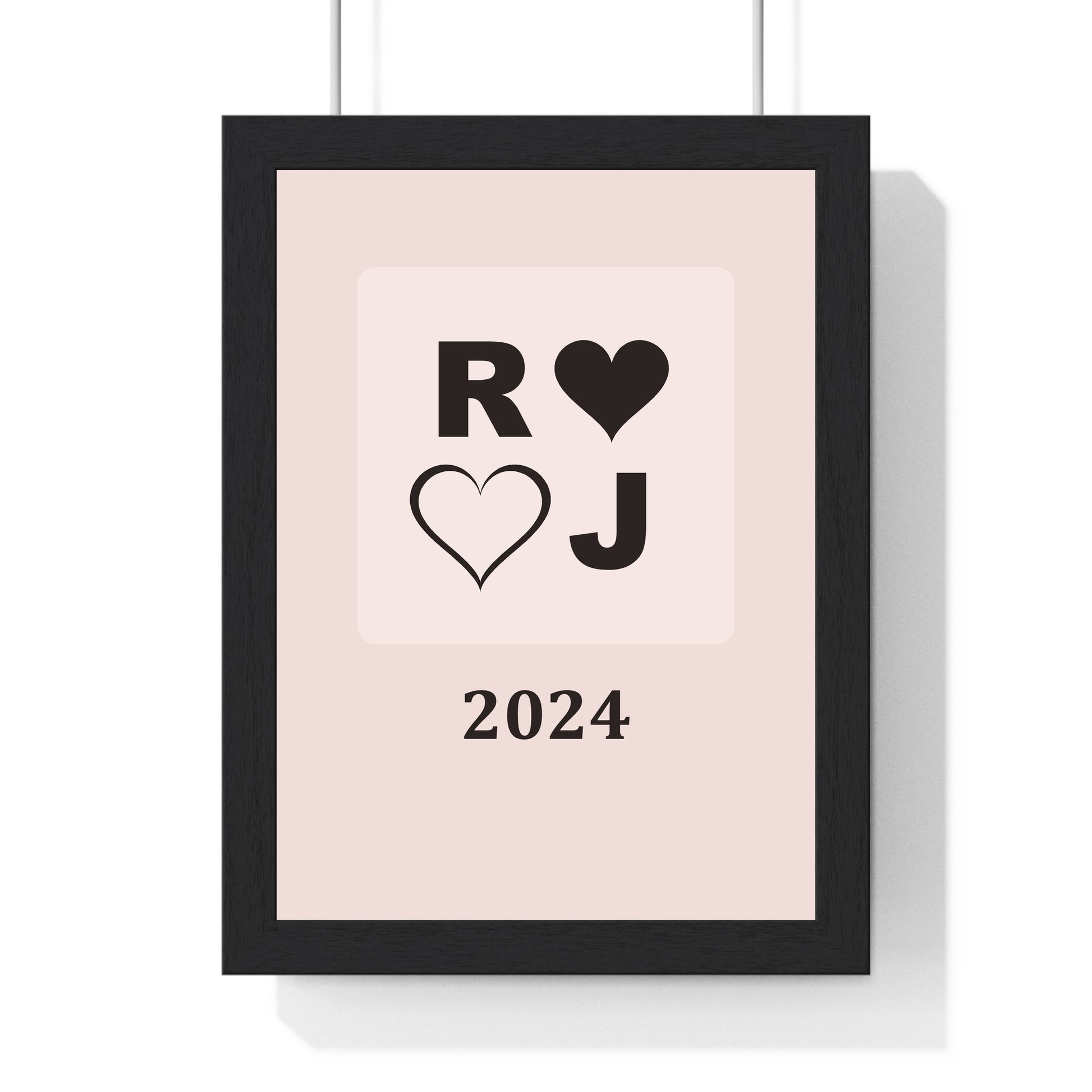 Personalised anniversary initials print framed in blush and black