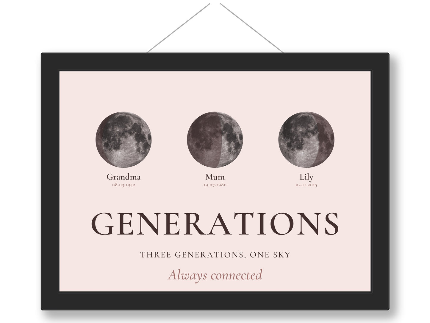 Personalised three generations moon print framed as a family keepsake