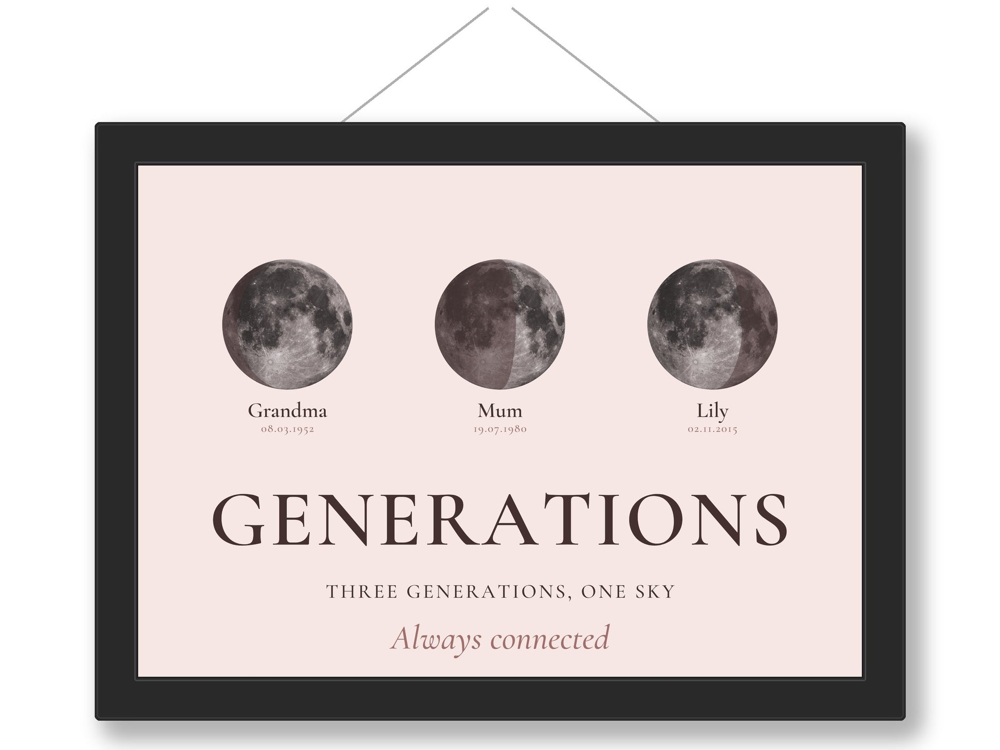 Personalised three generations moon print framed as a family keepsake