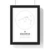 Personalised Aquarius zodiac star sign print displayed in a black frame