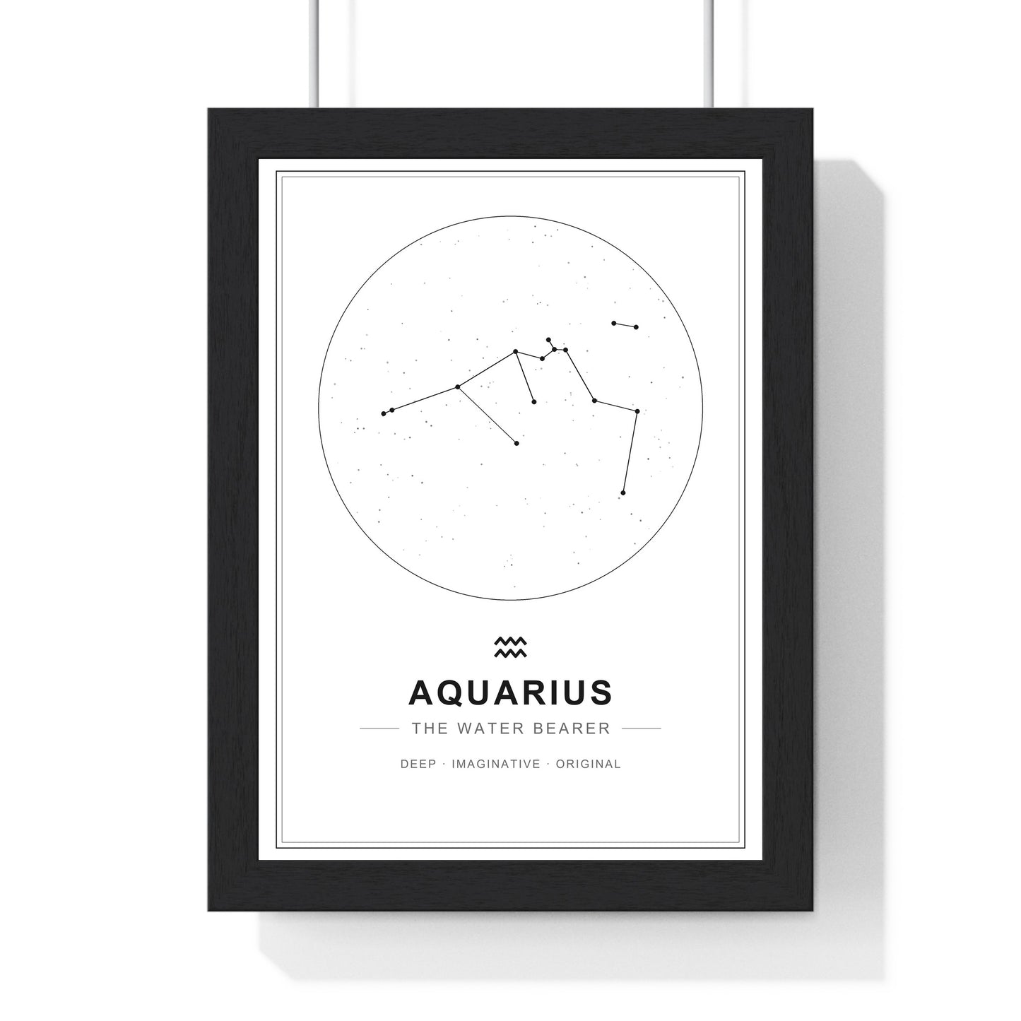 Personalised Aquarius zodiac star sign print displayed in a black frame
