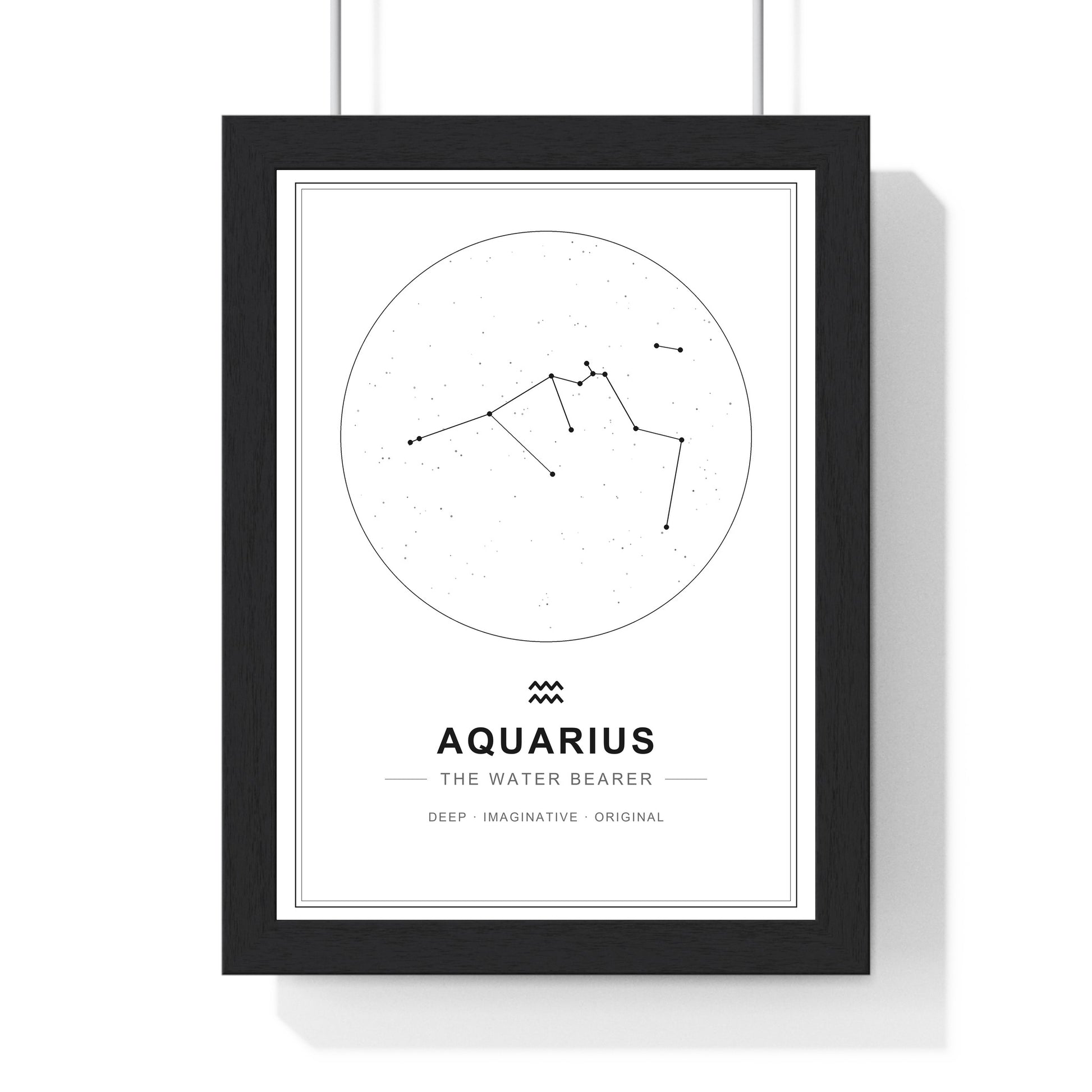Personalised Aquarius zodiac star sign print displayed in a black frame