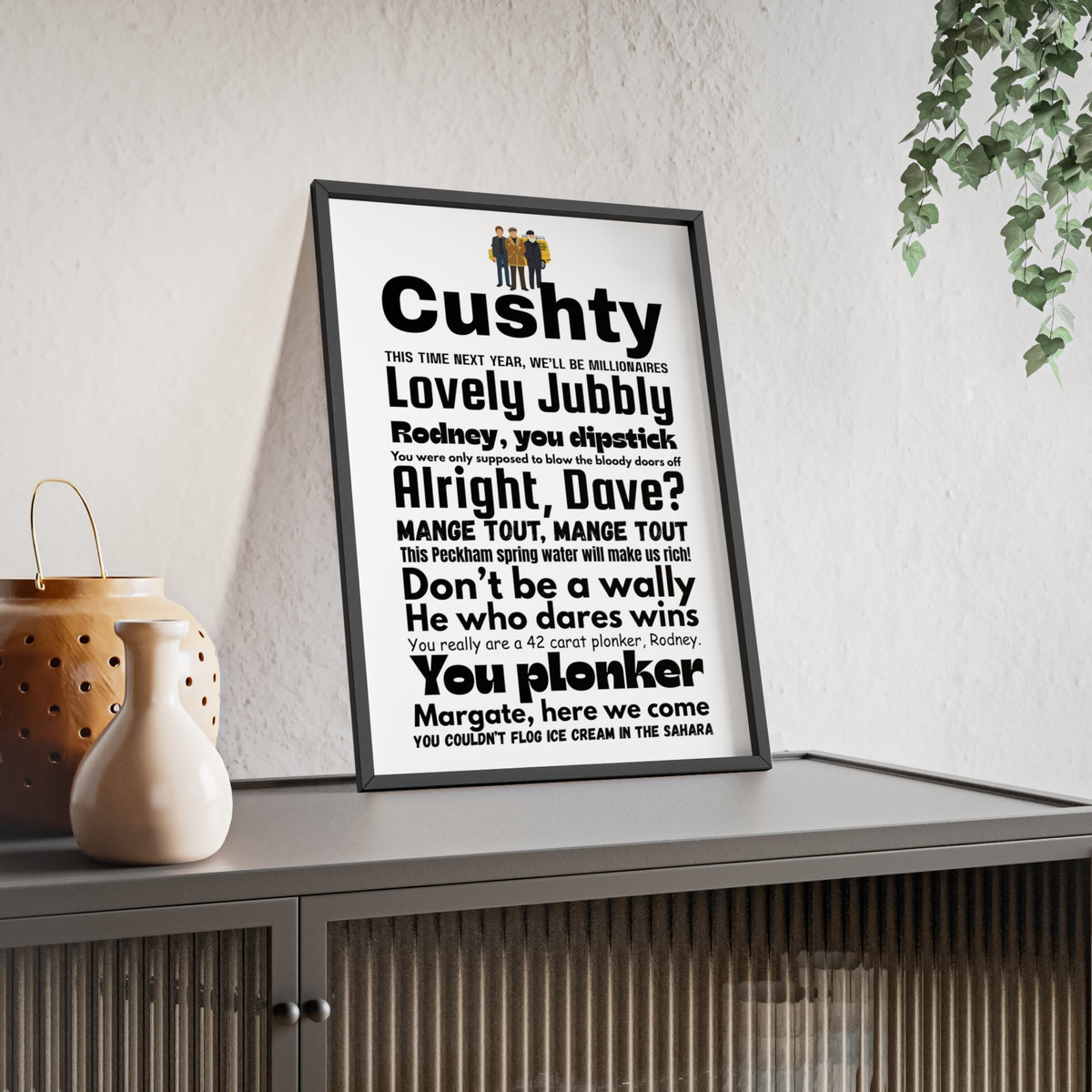 Only Fools and Horses word cloud quotes print framed on a wall - unofficial fan art by Poster Kingz